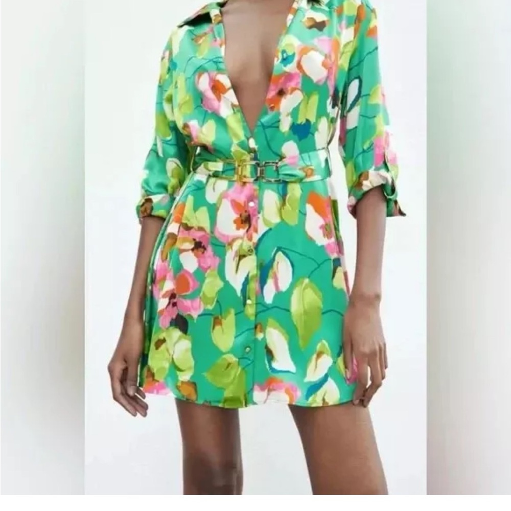 Zara floral belted shirt dress